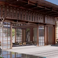 Traditional Chinese Entrance Gate With Wooden Roof Lattice Design And Deer Sculptures By Pool