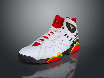 High Top White Sports Shoes With Red Yellow Black Accents And Logo Design 3d model