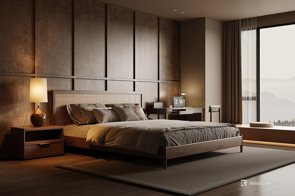 Natural Bedroom Interior Design With Wooden Wall Panels Bed Nightstand Table Lamp And Rug 3d model 