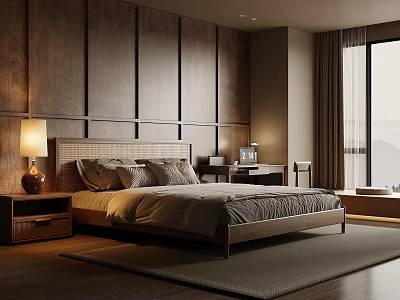 Natural Bedroom Interior Design With Wooden Wall Panels Bed Nightstand Table Lamp And Rug 3d model