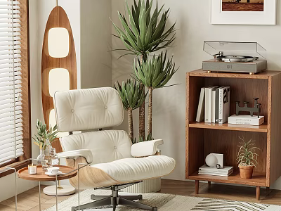 Comfortable White Leisure Chair In Modern Interior With Green Plants Bookshelf Vinyl Record Player And Side Table 3d model