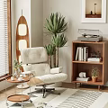 Comfortable White Leisure Chair In Modern Interior With Green Plants Bookshelf Vinyl Record Player And Side Table
