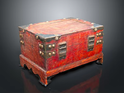 Vintage Red Wooden Chest With Metal Fittings As Classic Household Storage Item 3d model