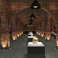 Interior Of Exhibition Hall With Red Brick Arches Black Pendant Lights And Porcelain Displays