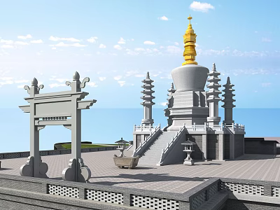 Ancient Chinese Architecture With Golden Spire Multiple Pagodas Stone Archway And Wooden Platform 3d model
