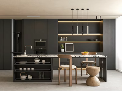 Modern Restaurant Kitchen With Black Cabinets Island Counter Pendant Lights Tableware And Fruits 3d model