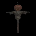 Spooky Halloween Pumpkin Head Scarecrow With Tattered Clothes On Wooden Pole