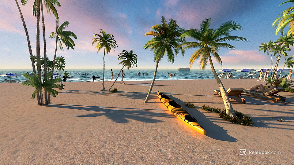 Coastal Swing Door Design With Palm Trees Yellow Kayak And Beach View 3d model 