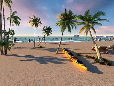 Coastal Swing Door Design With Palm Trees Yellow Kayak And Beach View 3d model