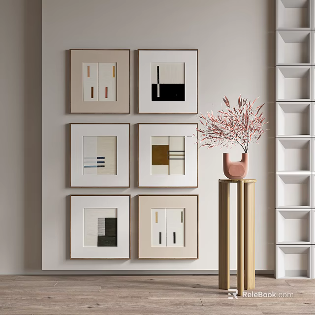 Modern Interior With Framed Artworks In Neutral Tones Pink Vase Golden Stand White Shelves 3d model 