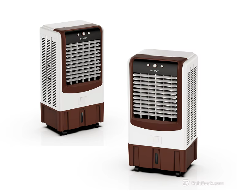 Two White and Brown Standing Air Cooler Fans with Cooling Grille and Control Panel 3d model 