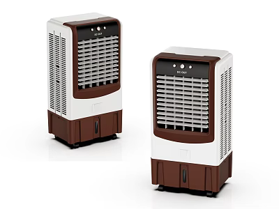 Two White and Brown Standing Air Cooler Fans with Cooling Grille and Control Panel 3d model