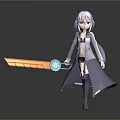 Game Movie Character Purple Hair Gray Coat Holding Large Orange Sword With Blue Circular Emblem