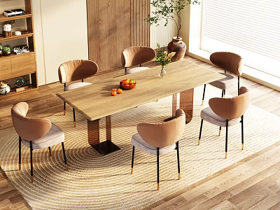 Modern Wooden Dining Table Set With Six Chairs Fruit Decoration And Plant Rug 3d model