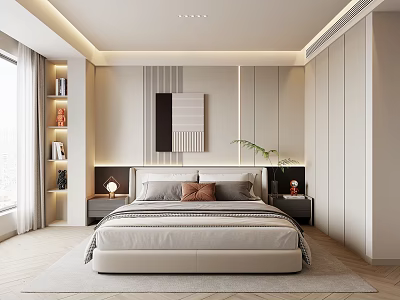 Modern Bedroom Interior Design With Large Bed Nightstands Decorative Painting And Soft Lighting 3d model