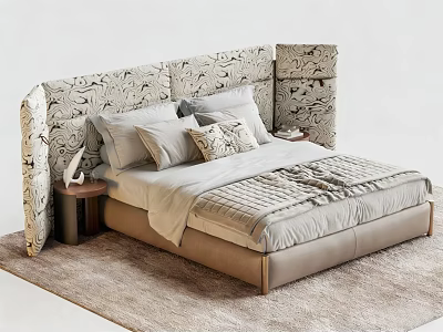 Modern Double Bed with Patterned Headboard Soft Pillows Bedspread and Wooden Nightstand on Plush Rug 3d model