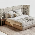 Modern Double Bed with Patterned Headboard Soft Pillows Bedspread and Wooden Nightstand on Plush Rug