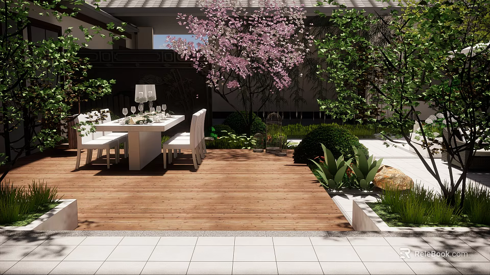 Courtyard Garden With Wooden Deck Dining Table Chairs Pink Flowering Tree Green Plants And Bushes 3d model 