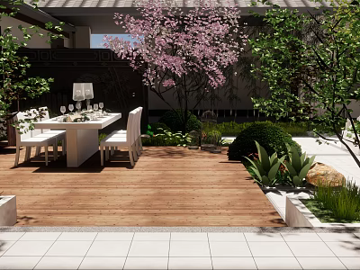 Courtyard Garden With Wooden Deck Dining Table Chairs Pink Flowering Tree Green Plants And Bushes 3d model