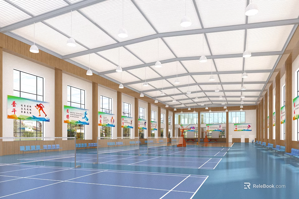 Indoor Sports Fitness Gym With Badminton Courts Bright Lighting And Seating Areas 3d model 
