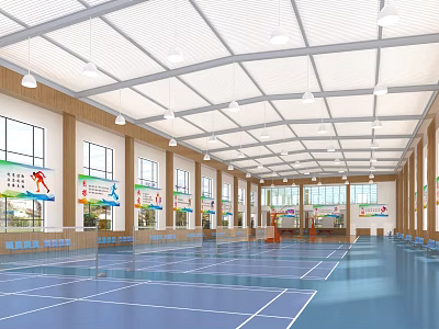 Indoor Sports Fitness Gym With Badminton Courts Bright Lighting And Seating Areas 3d model