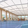 Indoor Sports Fitness Gym With Badminton Courts Bright Lighting And Seating Areas