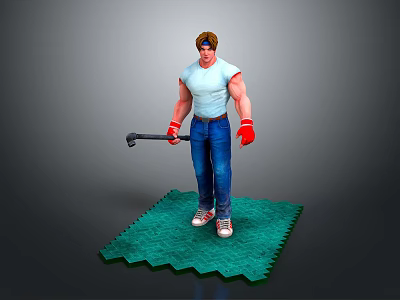 Male Character Wearing White Tank Top Blue Jeans Red Gloves Holding Hammer On Green Mat 3d model