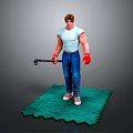 Male Character Wearing White Tank Top Blue Jeans Red Gloves Holding Hammer On Green Mat