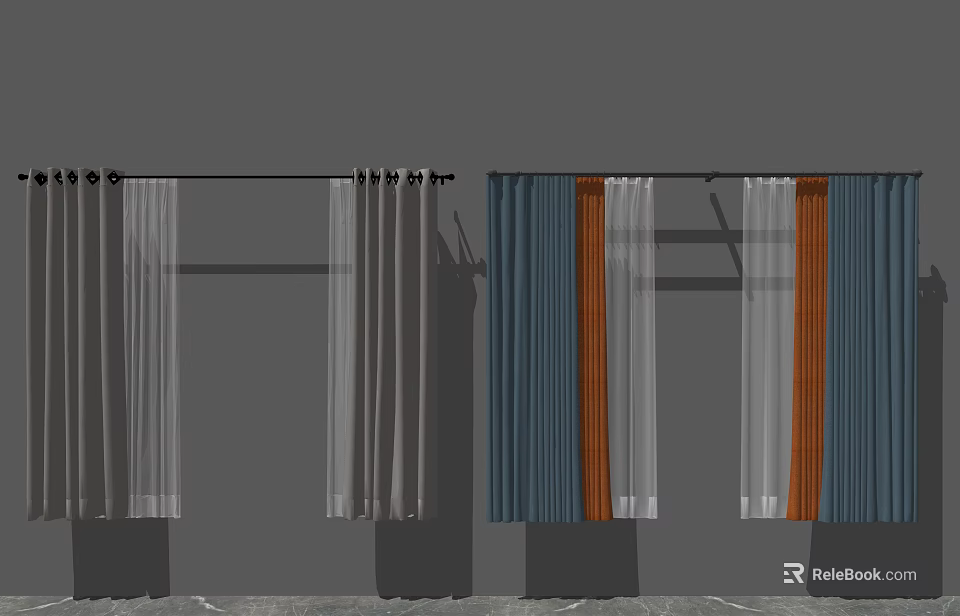 Modern Curtains With Sheer And Solid Panels In Gray Blue And Orange Tones 3d model 
