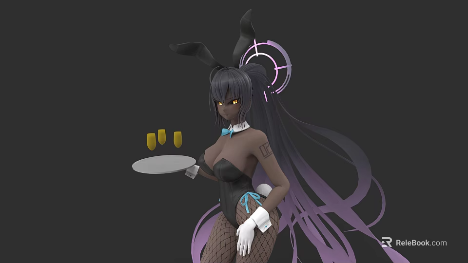 Game Movie Character With Bunny Ears Black Bodysuit Purple Hair Tray Holding Yellow Items 3d model 