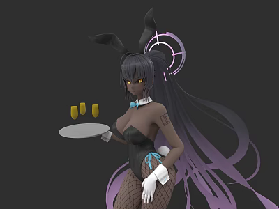 Game Movie Character With Bunny Ears Black Bodysuit Purple Hair Tray Holding Yellow Items 3d model