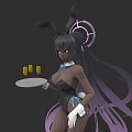 Game Movie Character With Bunny Ears Black Bodysuit Purple Hair Tray Holding Yellow Items