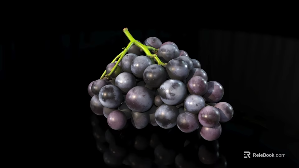 Fresh Plump Juicy Black Grapes Bunch On Reflective Black Background 3d model 