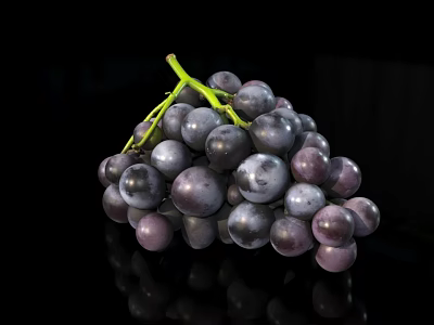 Fresh Plump Juicy Black Grapes Bunch On Reflective Black Background 3d model
