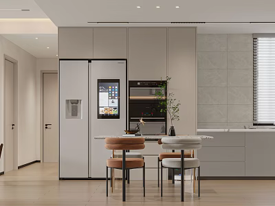 Modern Restaurant Kitchen With Sleek Cabinets Dining Table And Bar Stools 3d model