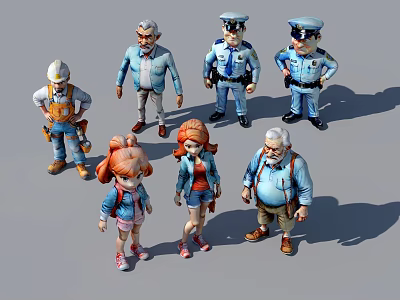 Multiple Cartoon Characters Including Policemen Workers Elderly And Children In Different Outfits 3d model