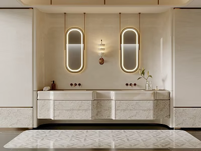 Modern Bathroom Vanity With Double Sink Gold Framed Oval Mirrors And Marble Countertop 3d model