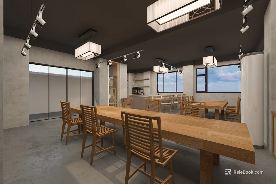 School Dining Area With Long Wooden Tables And Wooden Chairs In Open Space 3d model 
