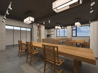 School Dining Area With Long Wooden Tables And Wooden Chairs In Open Space 3d model