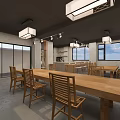 School Dining Area With Long Wooden Tables And Wooden Chairs In Open Space