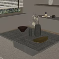 Modern Textured Coffee Table with Dried Flower Vase Bowl Plate and Shelves by Window