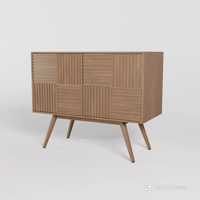 Wooden TV Stand With Vertical Slat Panels Multiple Doors And Slim Legs Modern Design 3d model 