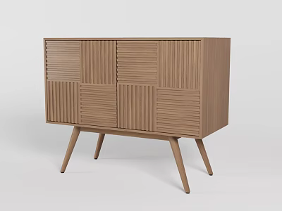 Wooden TV Stand With Vertical Slat Panels Multiple Doors And Slim Legs Modern Design 3d model