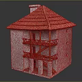 Traditional Two Story Building with Red Tiled Roof Gray Walls and Wooden Balconies