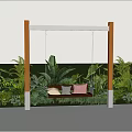 Outdoor Play Equipment Swing With Wooden Frame White Supports And Green Plants