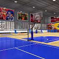 Indoor Basketball Court With Wooden Flooring Blue Markings Basketball Hoops And Firesun Banners