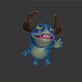 Cute 3D Cartoon Creature With Big Horns Blue Yellow Body Smiling Waving Hand