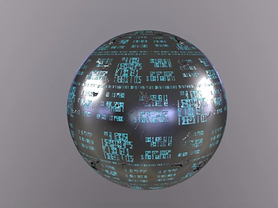 Tech Inspired Decorative Ornament Set With Metallic Sphere And Blue Code Patterns 3d model
