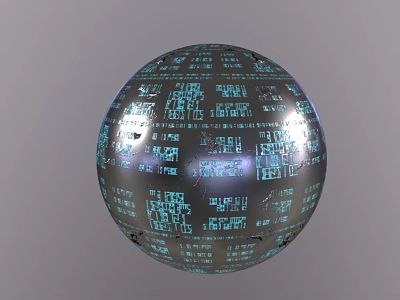 Tech Inspired Decorative Ornament Set With Metallic Sphere And Blue Code Patterns 3d model