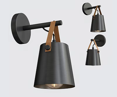 Modern Black Metal Wall Light With Leather Strap And Bell Shaped Shade 3d model